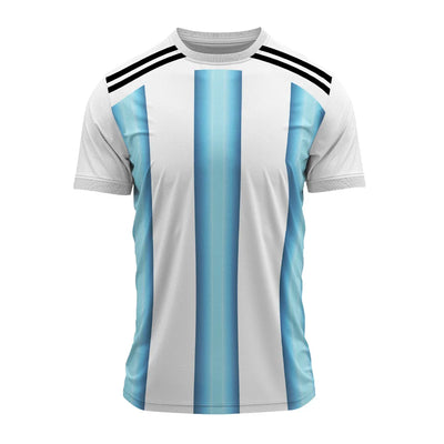 White round-neck sports jersey with sky blue vertical stripes and black shoulder stripes, front view