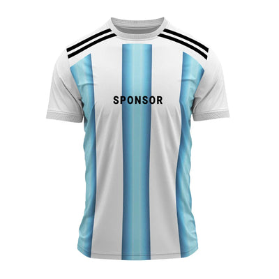 White and sky blue striped jersey front with sample sponsor logo on the chest