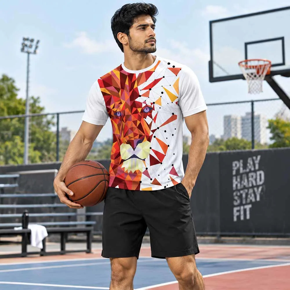 Man holding a basketball wearing a white round-neck jersey with red and orange geometric lion print and black shorts