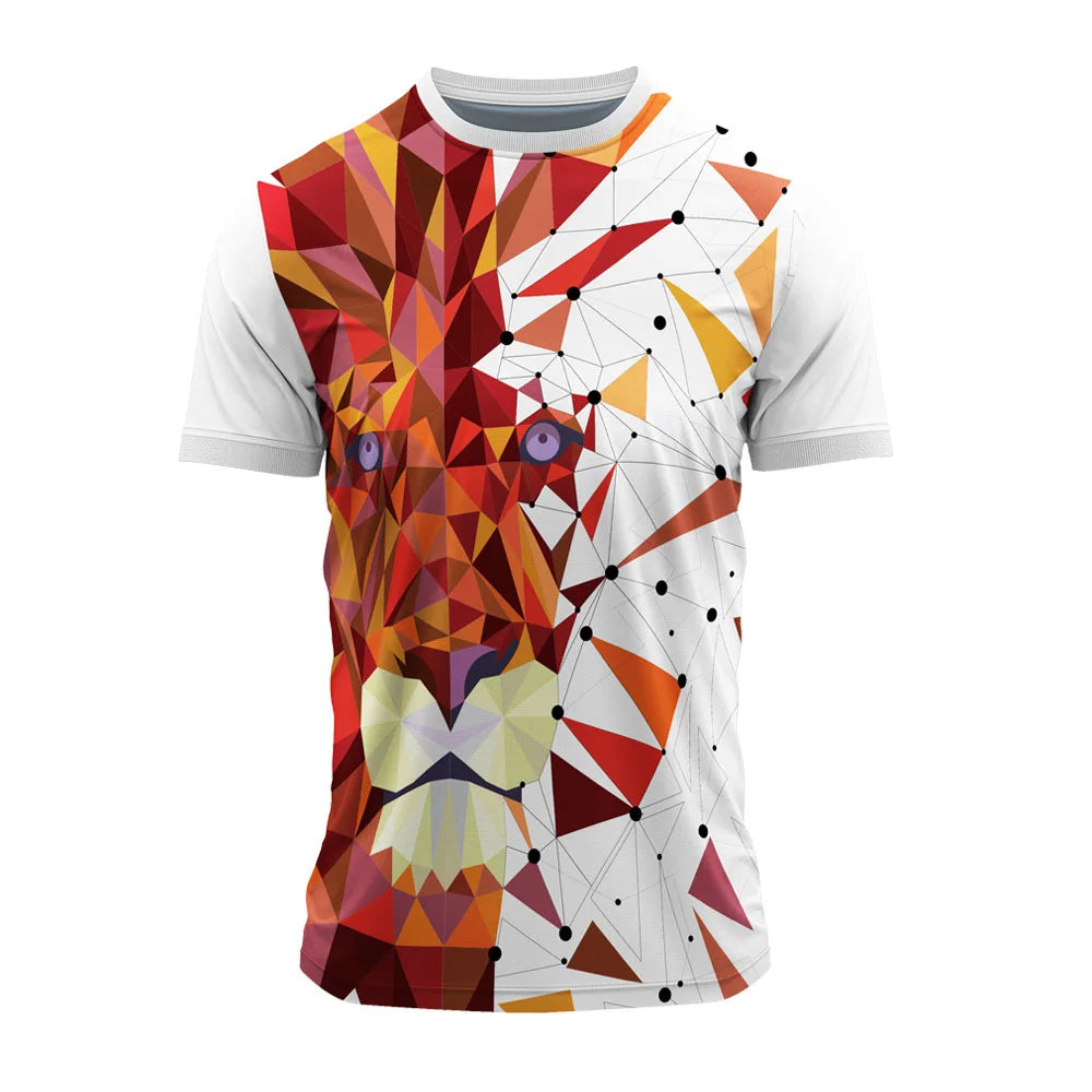 White round-neck sports jersey with low-poly geometric lion print in red, orange and yellow, front view