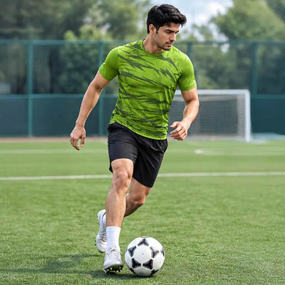 Footballer on a pitch wearing a bright green round-neck jersey with dark green streaks and black shorts