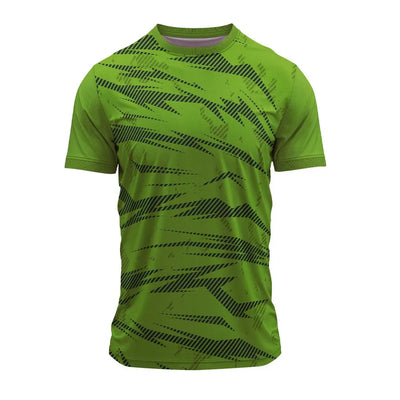 Bright green round-neck sports jersey with dark green hatched diagonal streaks, front view