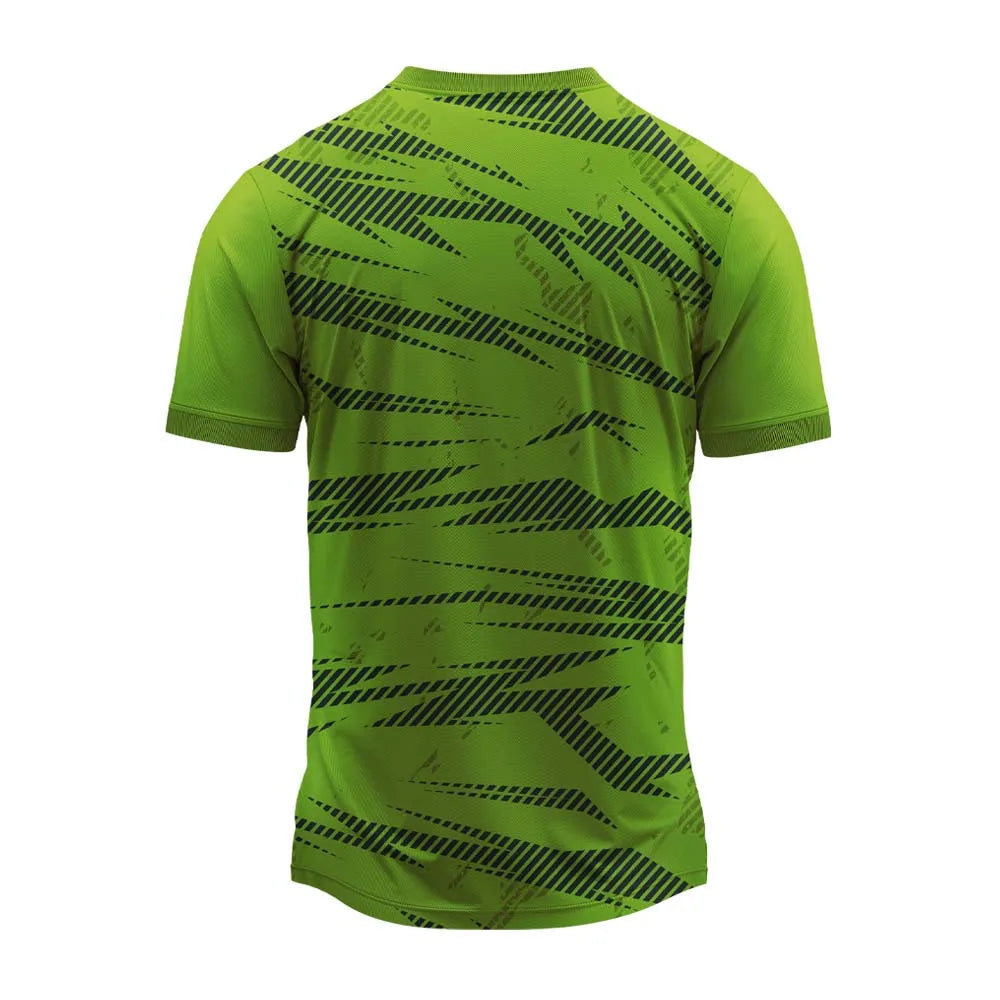Bright green round-neck sports jersey with dark green hatched diagonal streaks, back view