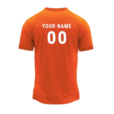 Orange jersey back with sample player name and number 00