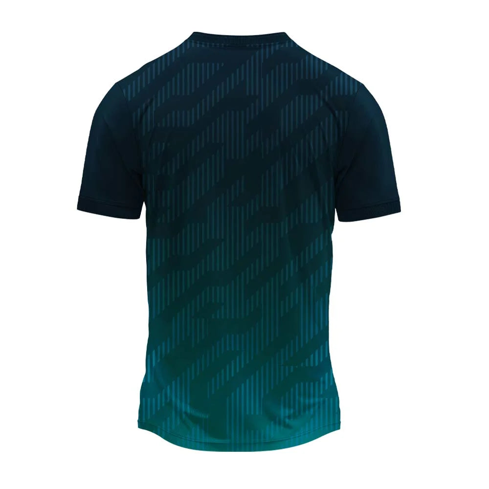 Dark navy to teal gradient round-neck sports jersey with fine diagonal lines, back view