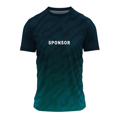 Navy-to-teal gradient jersey front with sample sponsor logo on the chest