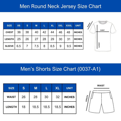 Size chart in inches for men's round-neck jersey and shorts