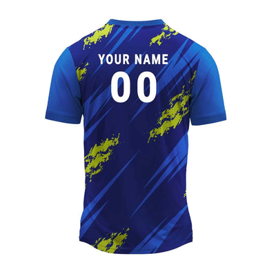 Royal blue and lime splash jersey back with sample player name and number 00
