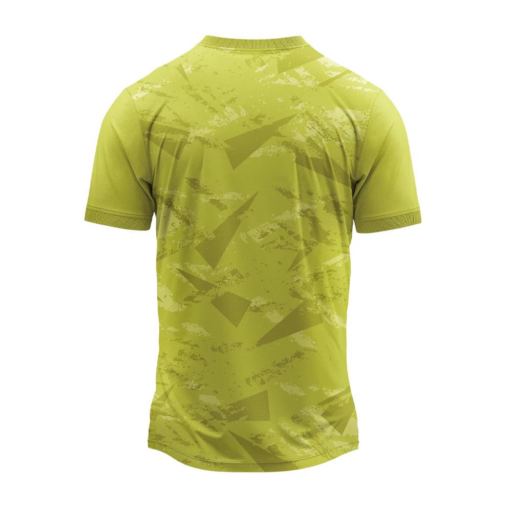 Lime yellow round-neck sports jersey with tonal abstract shard print, back view
