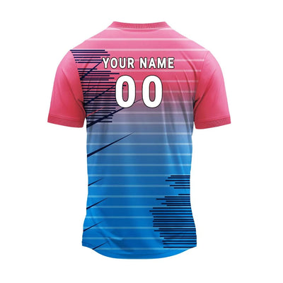Pink and blue gradient jersey back with sample player name and number 00