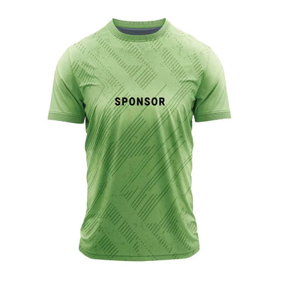 Light green jersey front with sample sponsor logo on the chest