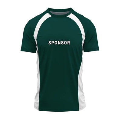 Forest green jersey front with sample sponsor logo on the chest