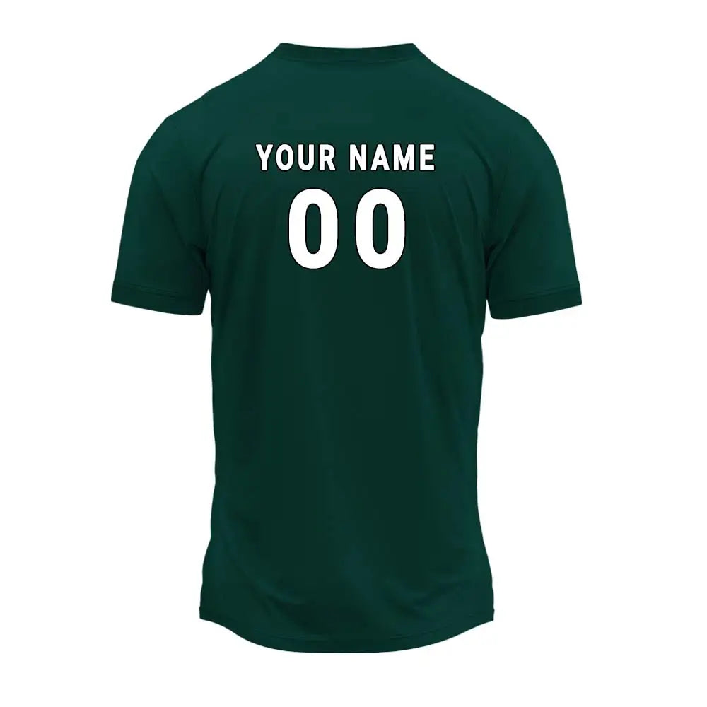 Forest green jersey back with sample player name and number 00