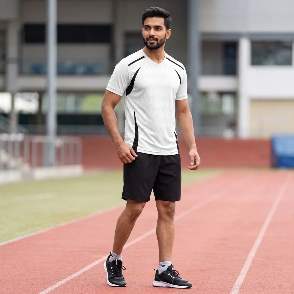 Model wearing White Edge white V-neck jersey with black side accents