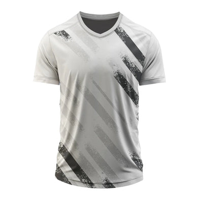 Grey Brush V-neck jersey front, white and grey jersey with charcoal brushstroke diagonals