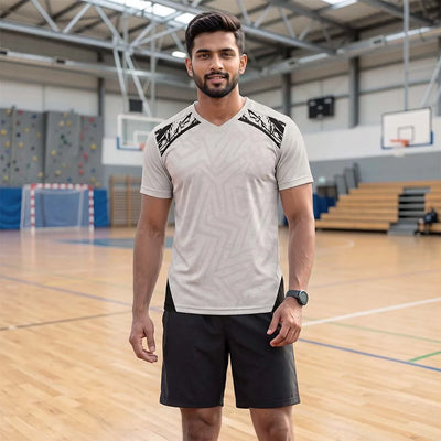 Model wearing Black Shoulder light grey V-neck jersey with black shoulder print