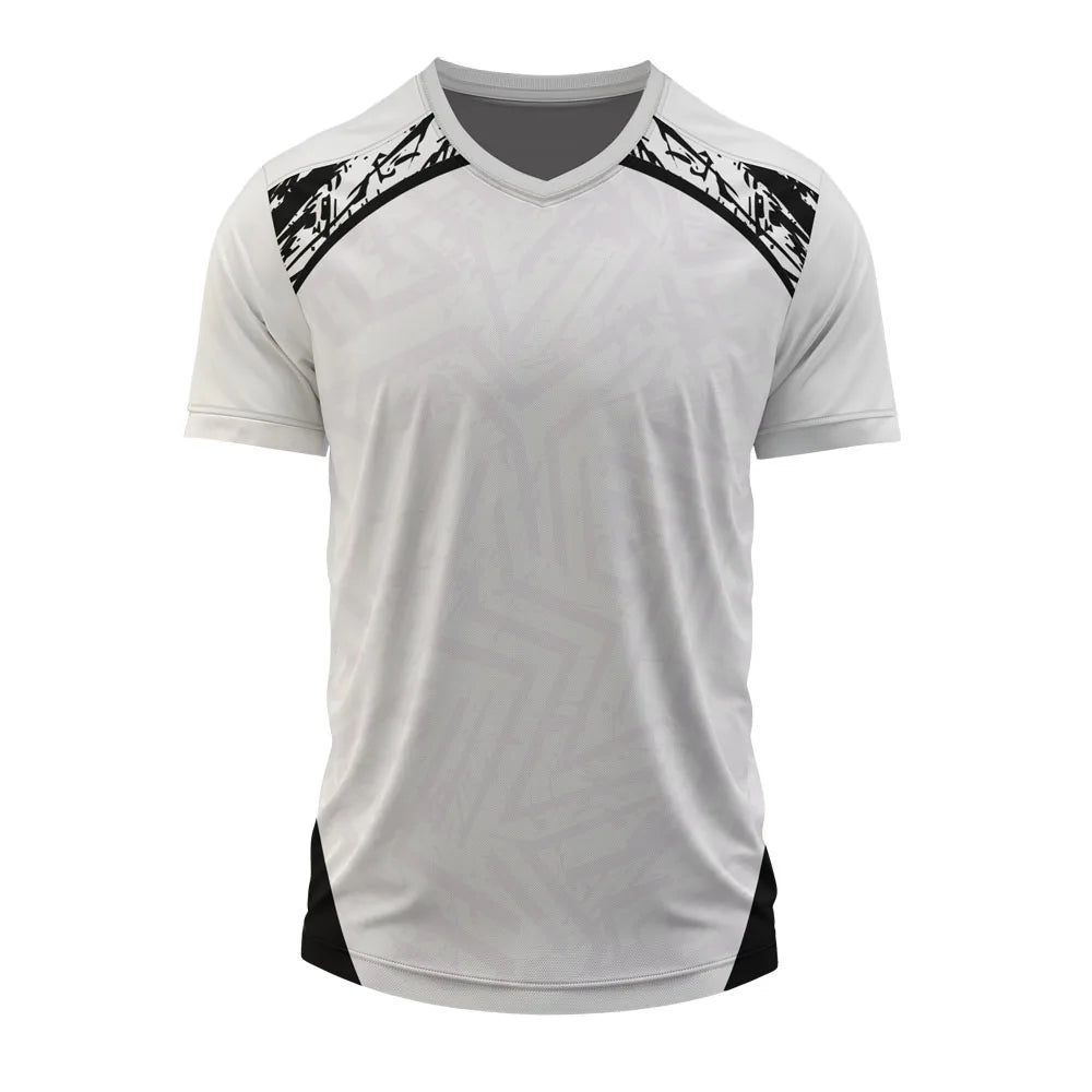 Black Shoulder V-neck jersey front, light grey jersey with black patterned shoulders