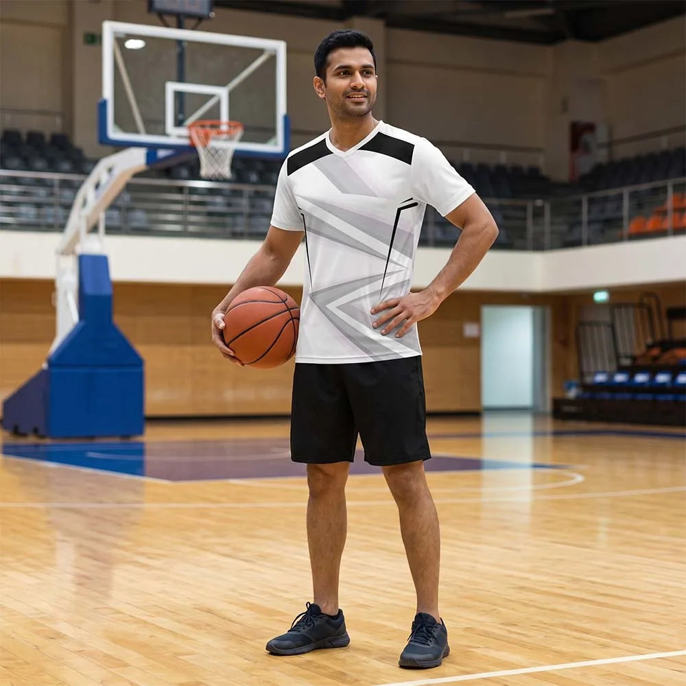 Model wearing Grey Angle angular grey V-neck jersey with black shorts
