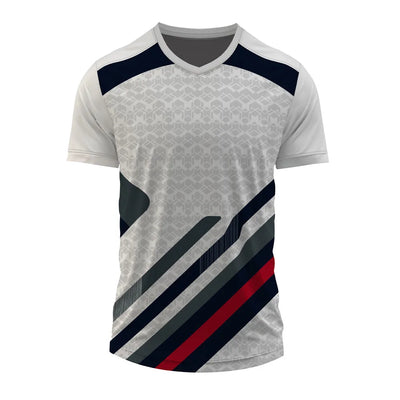 Navy Strike V-neck jersey front, grey jersey with navy diagonal stripes and red accent