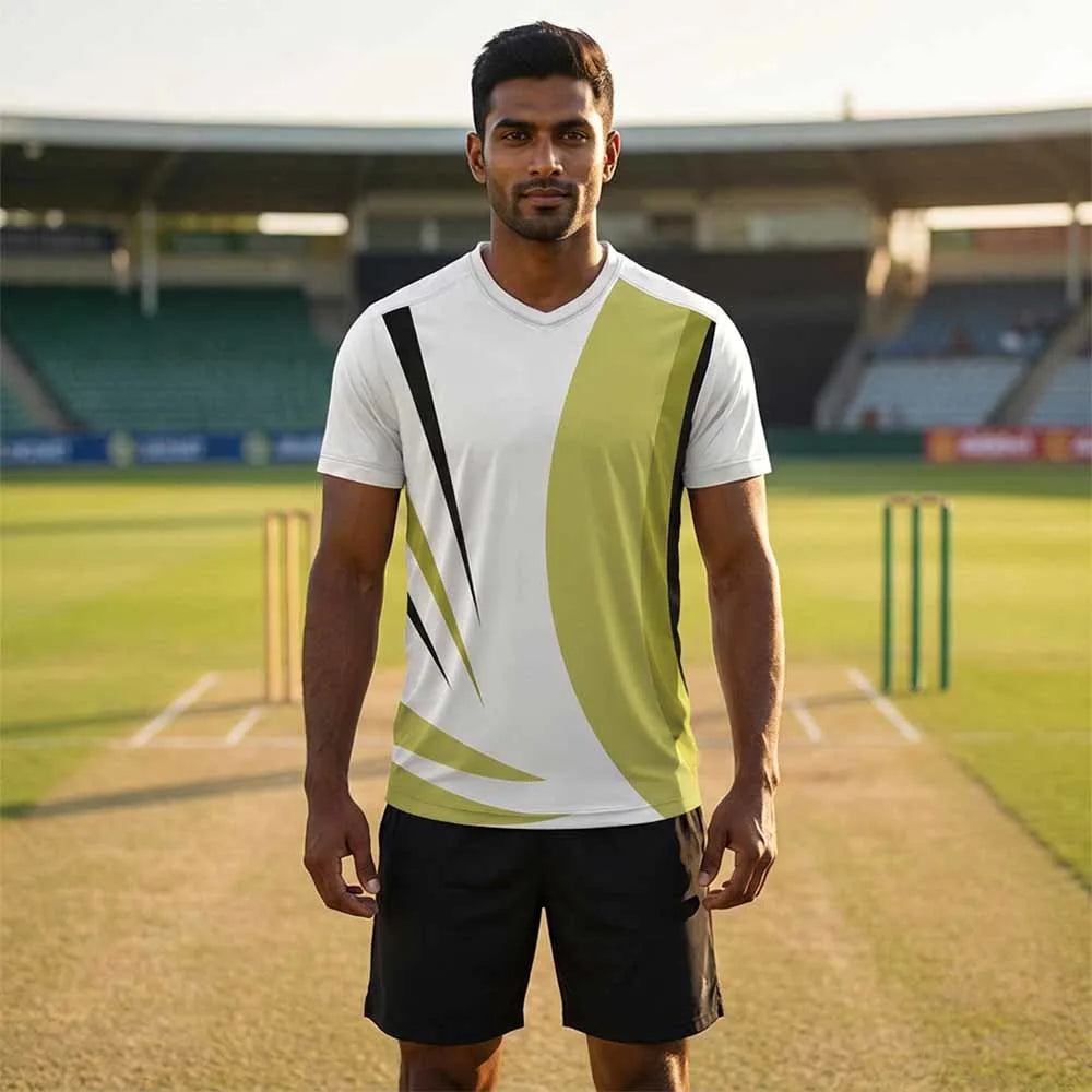 Model wearing Lime Panel lime-panel V-neck jersey and black shorts