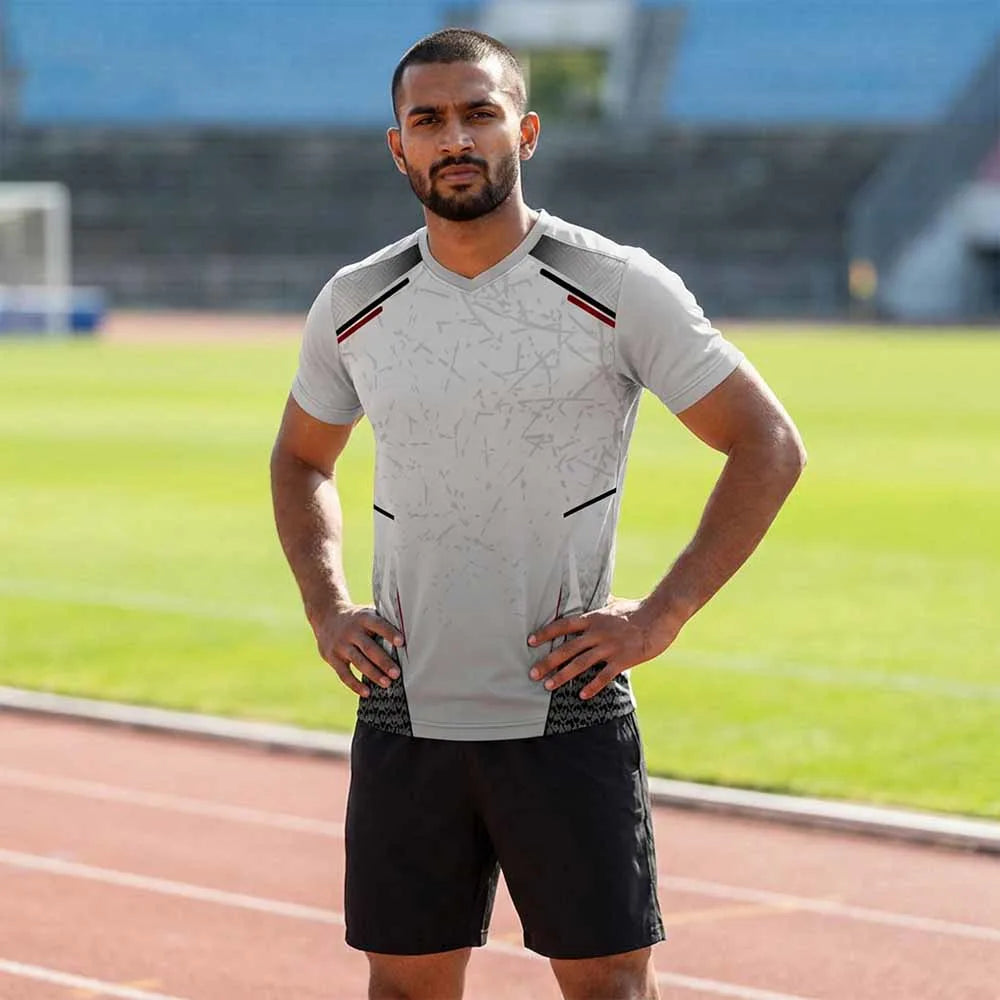 Model wearing Red Dash red-accent V-neck jersey with black shorts