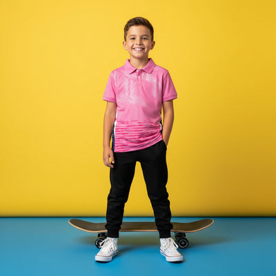 Kids Pink Performance Polo – Digital Stripe Print Custom Activewear Tee