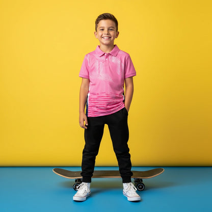 Kids Pink Performance Polo – Digital Stripe Print Custom Activewear Tee