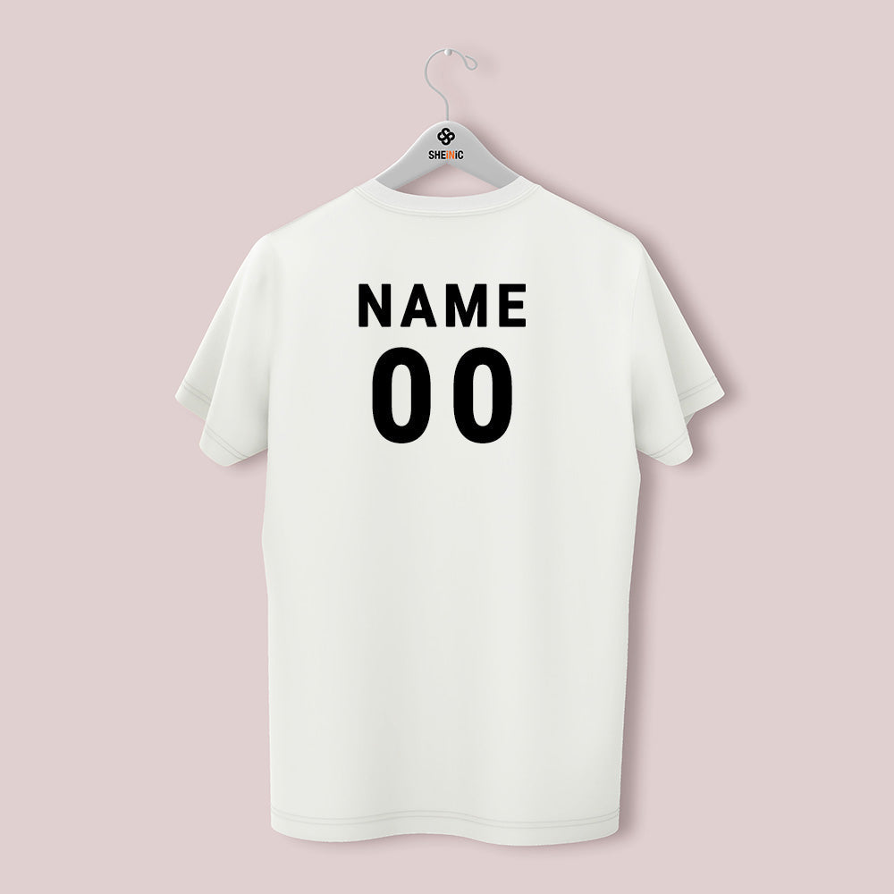 Close-up of kids jersey back with personalised name and number