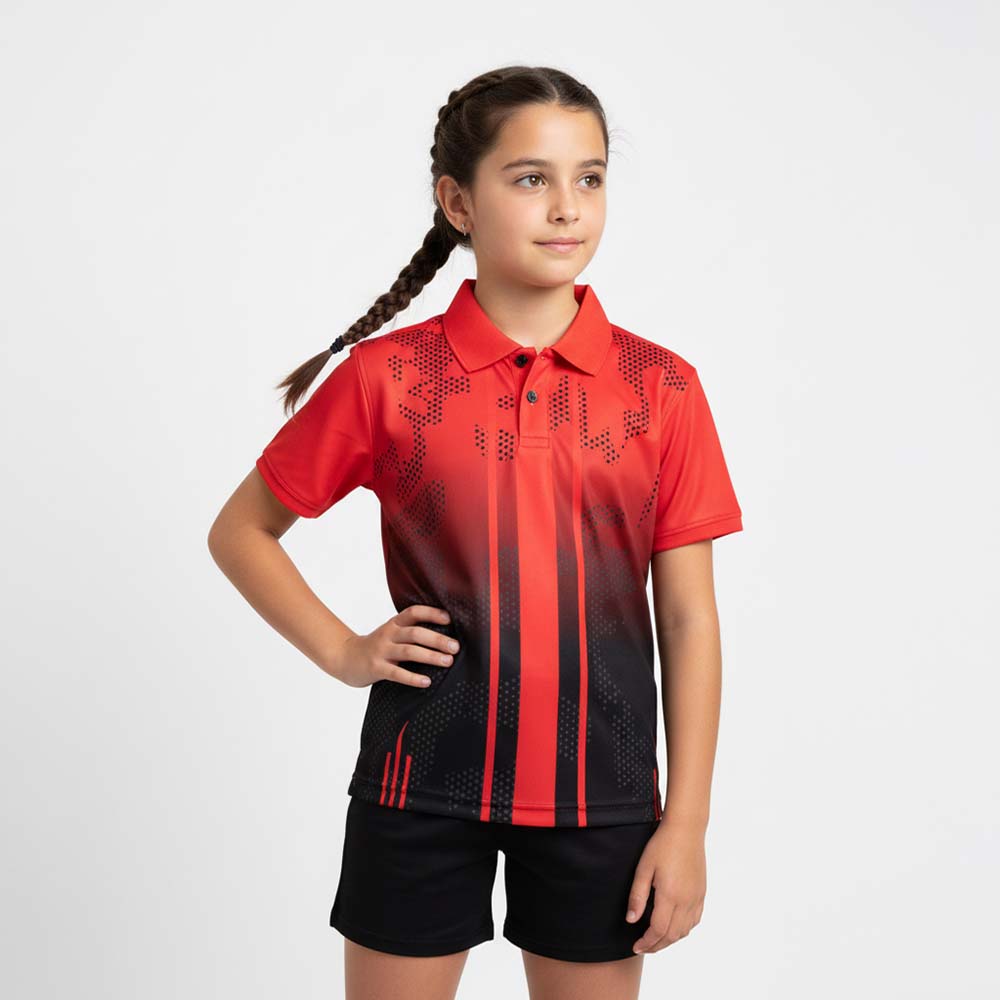 Kids model wearing red ombre jersey and black shorts set