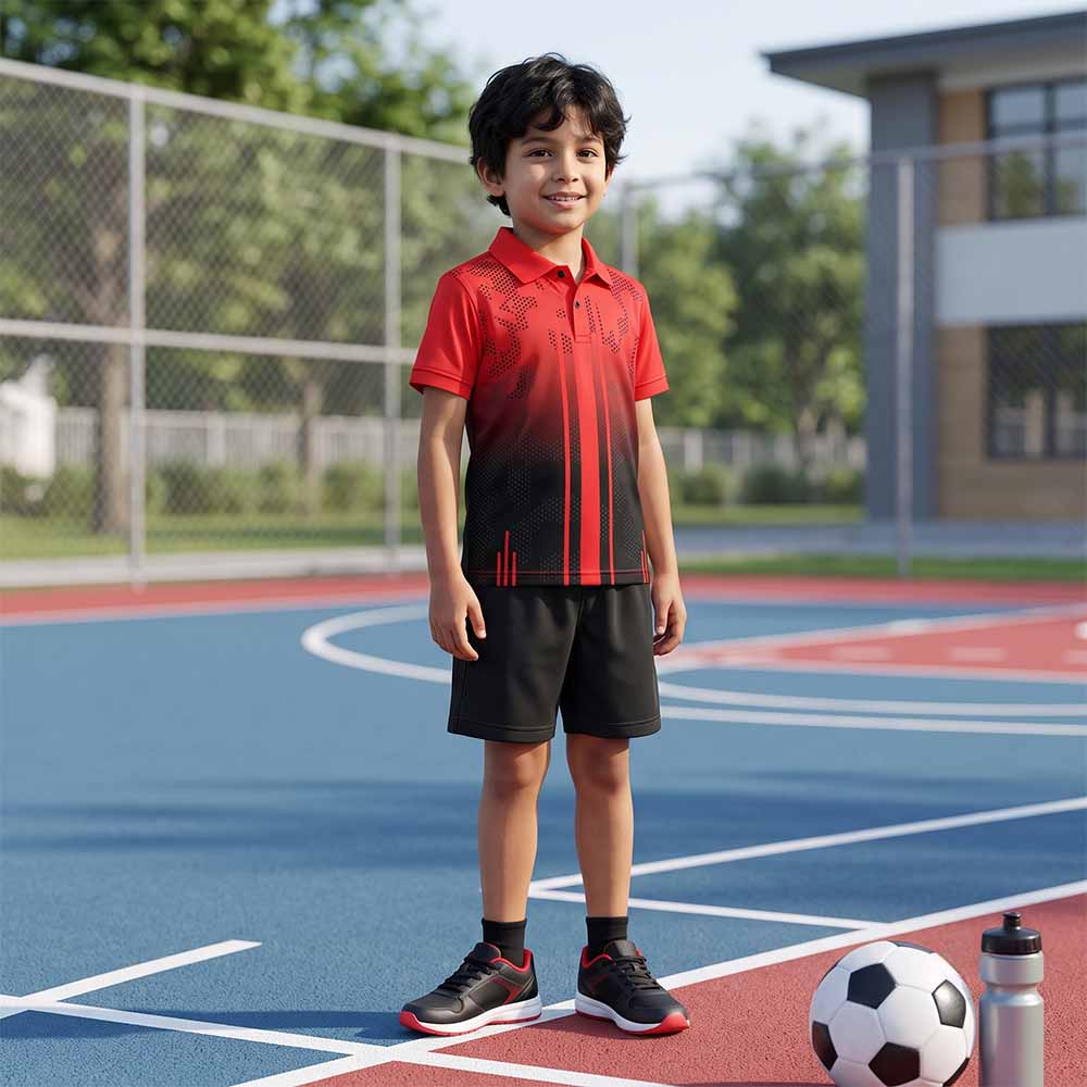 Kids Jersey & Shorts Set – Red Ombre Polo with Choice of Shorts Colour