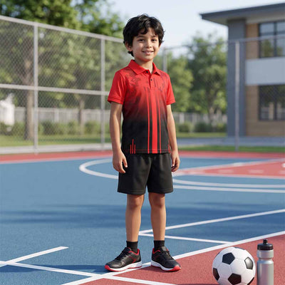 Kids Jersey & Shorts Set – Red Ombre Polo with Choice of Shorts Colour