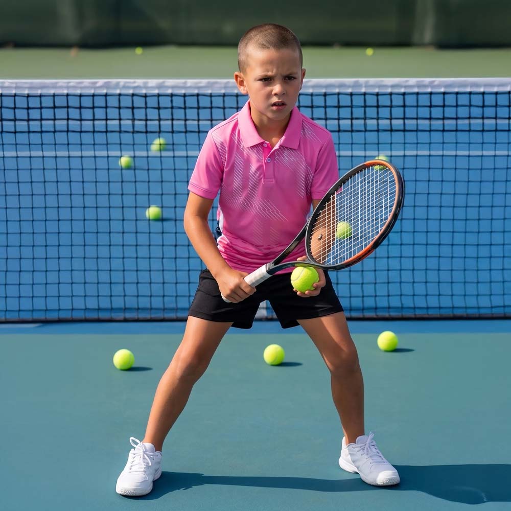 Kids model wearing pink digital stripe jersey and black shorts set
