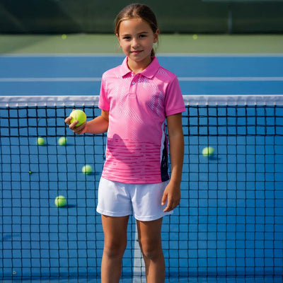 Kids model wearing pink digital stripe jersey and white shorts set