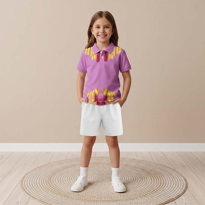 Kids model wearing lilac flame print jersey and white shorts set