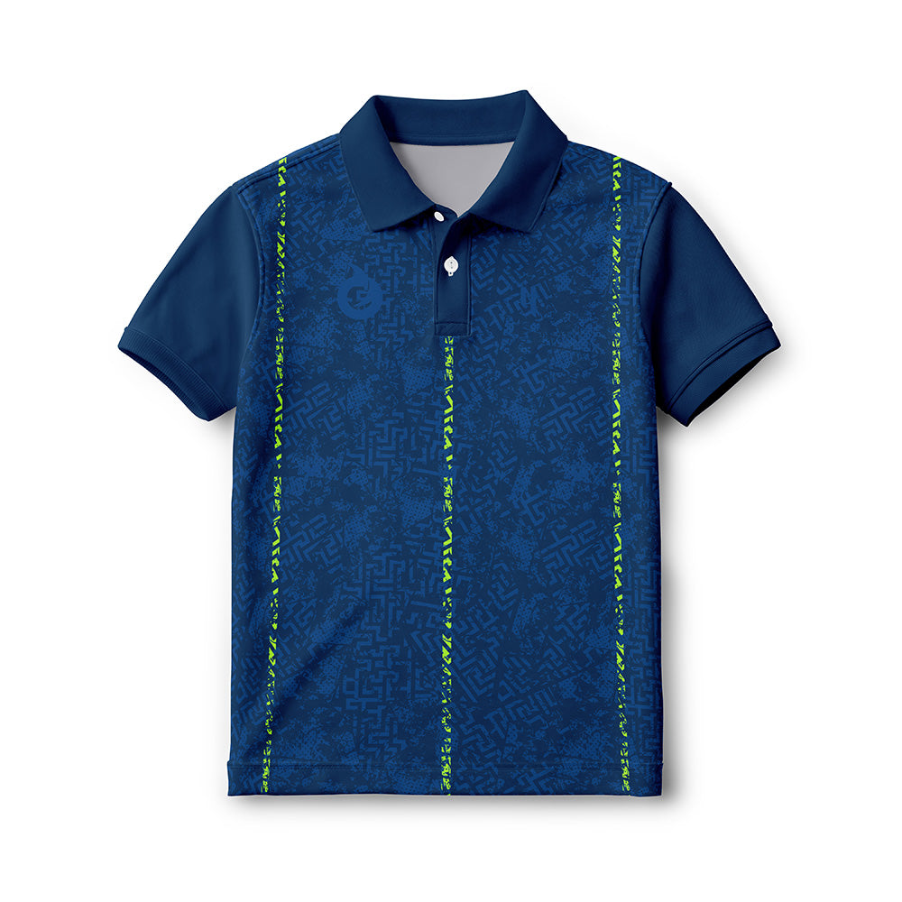 Kids navy neon maze polo jersey front view