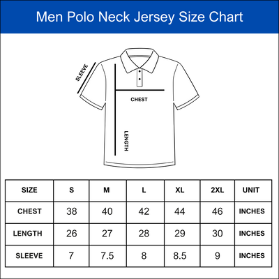 Men's polo neck jersey size chart with shirt diagram and measurement guide.
