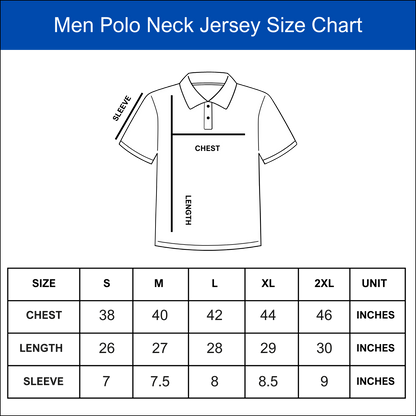 Men's polo neck jersey size chart with shirt diagram and measurement guide.