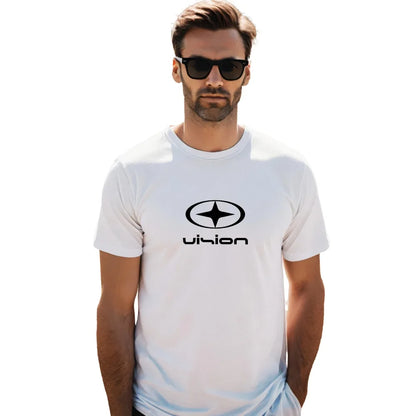 vision logo t shirt, white cotton t shirt for men, round neck t shirt, half sleeve t shirt, casual wear for men, breathable cotton tee, graphic t shirts men, minimal printed t shirt, mens summer t shirt, vision brand tee, stylish t shirts for men online
