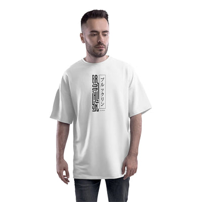 Printed White Over Sized Brooklyn Cotton T-Shirt for Men Casual Fit