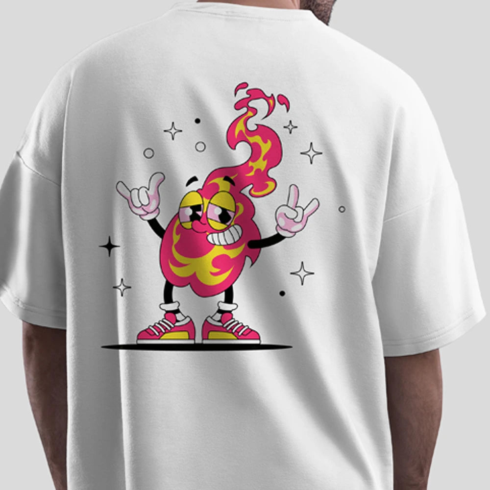Flame t-shirt, cartoon t-shirt, oversized t-shirt, funky tee, drop shoulder t-shirt, streetwear t-shirt, graphic t-shirt for men, cotton oversized tee, XXXL t-shirt, funky graphic tee, quirky cartoon t-shirt, urban fashion tee