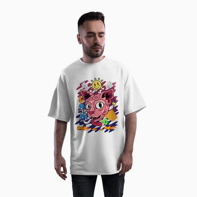 Psychedelic Cat Over Size T shirt Drop Shoulder Tee for Men