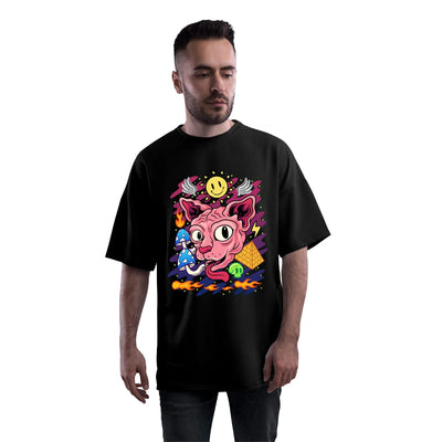 Oversized Psychedelic Cat Graphic T-Shirt for Men