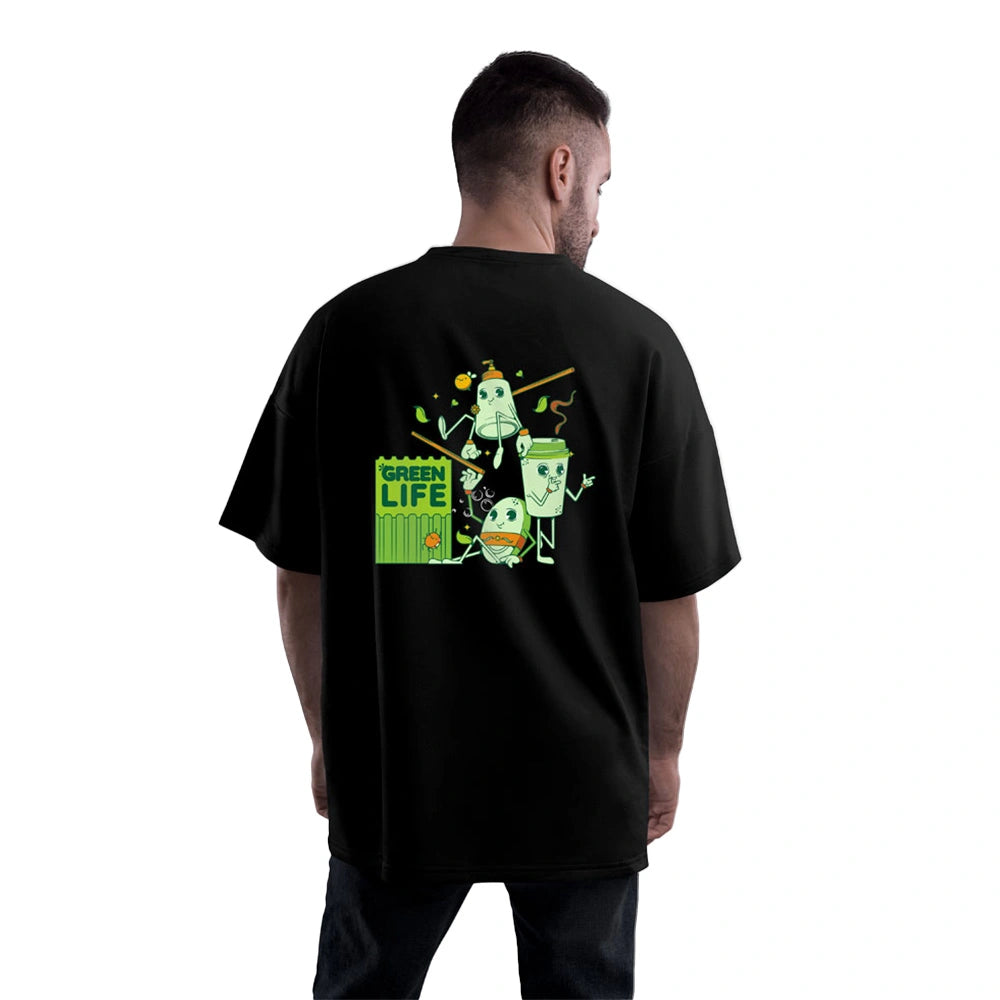 Oversized Green Life Cartoon Print T-Shirt for Men | Loose Fit Streetwear