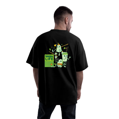 Oversized Green Life Cartoon Print T-Shirt for Men