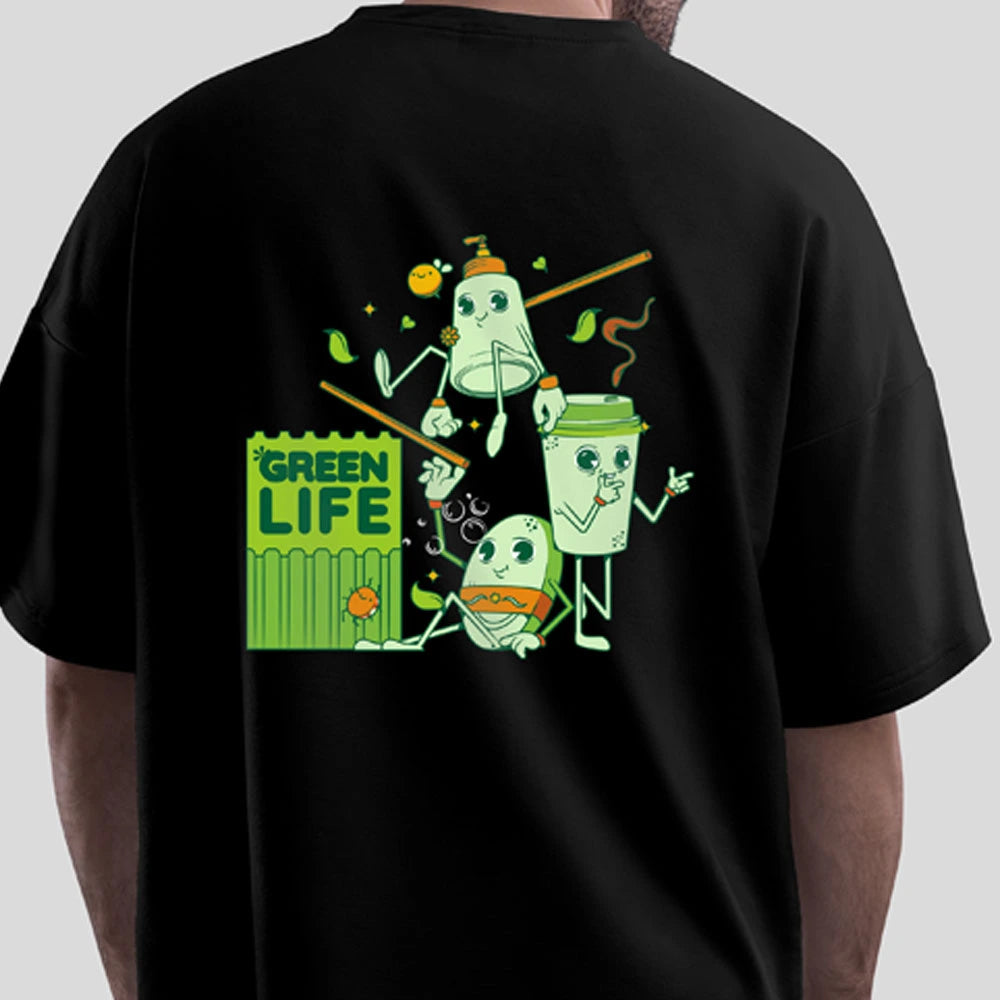 Oversized Green Life Cartoon Print T-Shirt for Men | Loose Fit Streetwear