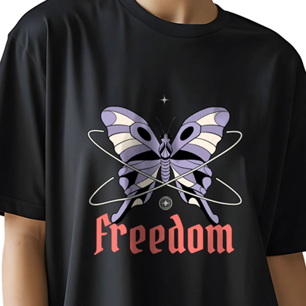freedom oversized t shirt, butterfly print tee for women, gothic streetwear t shirt, baggy drop shoulder t shirt, black oversized tee, bold graphic cotton tee, women’s expressive fashion, oversized cotton t-shirt women, spiritual butterfly tee, edgy oversized tee