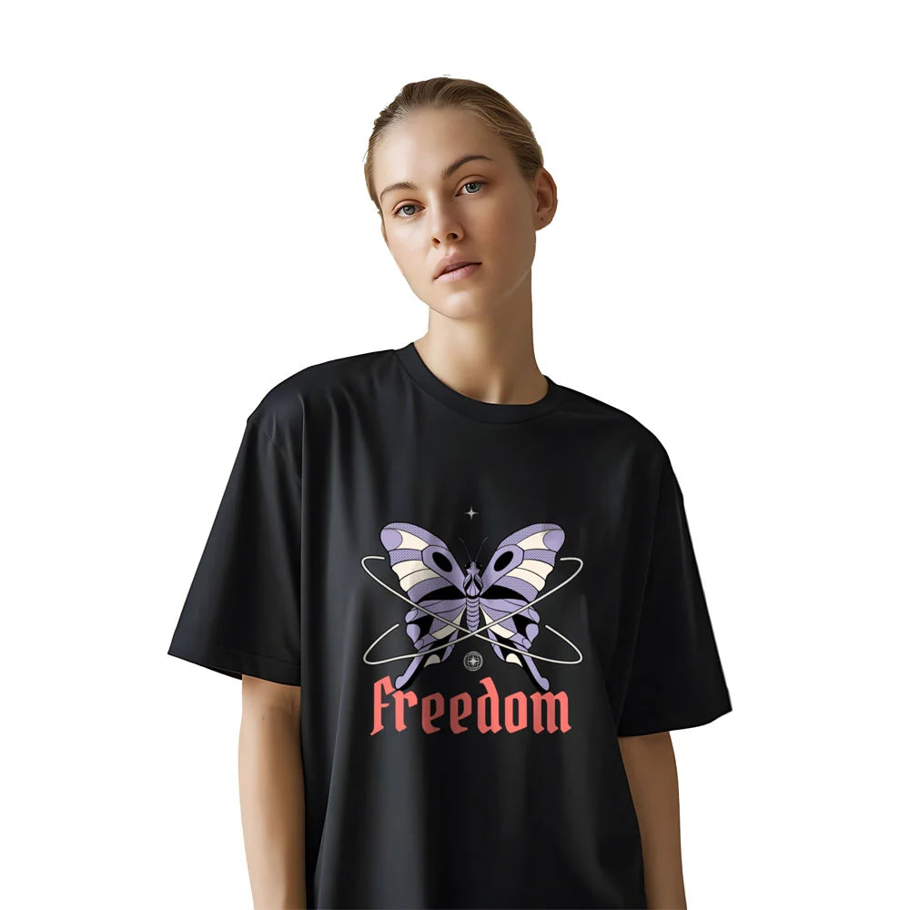 freedom oversized t shirt, butterfly print tee for women, gothic streetwear t shirt, baggy drop shoulder t shirt, black oversized tee, bold graphic cotton tee, women’s expressive fashion, oversized cotton t-shirt women, spiritual butterfly tee, edgy oversized tee