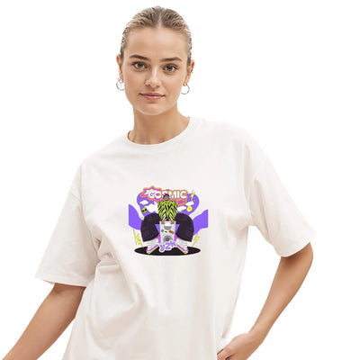 Cosmic Girl Y2K Printed Oversized Down Shoulder T-Shirt for Women