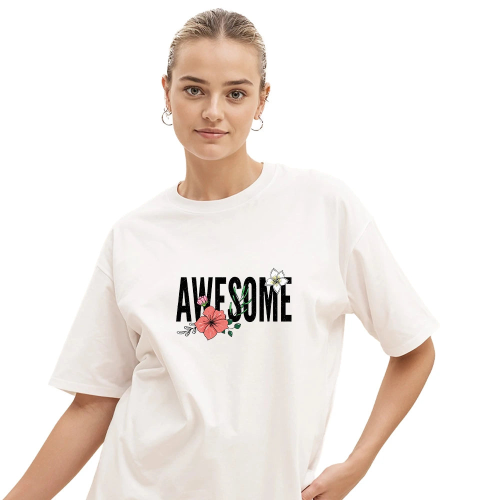 Women’s Oversized White T-Shirt with Awesome Floral Graphic Print, Down Shoulder Baggy Fit Casual Streetwear Tee for Girls