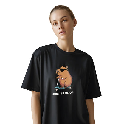 Just Be Cool t-shirt, oversized t-shirt for women, women's graphic tee, black cotton t-shirt, bear print t-shirt, funny t-shirt for girls, casual oversized t-shirt, women’s streetwear t-shirt, cute animal graphic tee, round neck t-shirt, soft cotton t-shirt, trendy women’s t-shirt, loose fit t-shirt for ladies, summer t-shirt for women, quirky printed t-shirt
